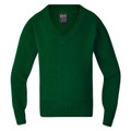 Bottle green kids heavyweight knit v-neck jumper with ribbed cuffs and hem, flat lay packshot