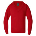 Red kids heavyweight knit V-neck jumper with ribbed cuffs and hem, flat lay packshot