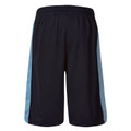 Navy micro mesh athletic shorts with sky blue contrast side panels and elasticated waistband, rear view