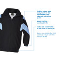 Black microfibre zip-up sports jacket with sky blue chevron panels on sleeves and elastic cuffs