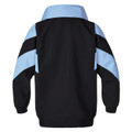 Black microfibre sport jacket rear view with sky blue collar and curved chevron panels on shoulders