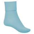 Sky blue cotton ankle sock with ribbed turnover cuff, smooth body, packshot on foot form