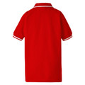 Back view of a red kids polo shirt with white contrast tipping on collar and raglan sleeve cuffs