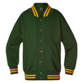 Forest green fleece bomber jacket with gold stripe ribbed collar, cuffs and hem, stud front closure