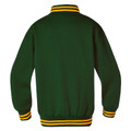 Bottle green fleece bomber jacket rear view with gold and green striped rib-knit collar and cuffs