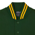 Bottle green fleece bomber jacket with gold and green striped rib collar and green stud front buttons