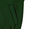 Close-up of bottle green fleece bomber jacket showing ribbed kangaroo pocket detail and smooth fabric surface