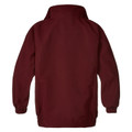 Back view of a maroon kids microfibre sports jacket with batwing sleeves and ribbed cuffs