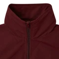 Burgundy kids microfibre sports jacket close-up showing tone-on-tone zip and structured stand collar