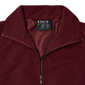 Kids burgundy microfibre sports jacket with zip-through collar and matching satin lining, close-up detail