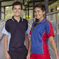 Two students wearing navy/sky and royal blue/red side panel sports polos with contrast piping and ribbed collar
