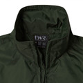 Close-up of forest green packable jacket showing high collar, concealed hood channel and front zip