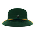 Bottle green kids microfibre bucket hat with gold brim trim and adjustable chin cord toggle