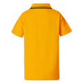 Back view of a gold kids polo shirt with dark green twin stripe collar detail and textured pique fabric