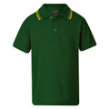 Bottle green kids pique polo with yellow twin stripe tipping on collar and three-button placket