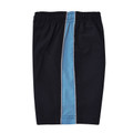 Navy microfibre sport shorts with sky blue contrast side panel and elasticated waistband, rear view