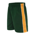 Bottle green microfibre sport shorts with gold and white contrast side panel and elasticated waistband