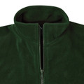 Bottle green kids polar fleece jacket with full-length zip and ribbed stand collar, close-up packshot