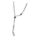 Black hat toggle lanyard with adjustable cord lock and loop end, packshot on white