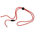 Red braided cord hat toggles with black barrel locks and loop end, packshot on white