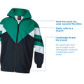 Kids navy and emerald green microfibre sports jacket with white chevron panels and full-length zip