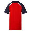 Kids raglan sports polo rear view in red with navy sleeves and white contrast panel inserts