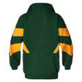 Kids sport jacket rear view in bottle green with gold chevron panels on sleeves and sides, ribbed cuffs, attached hood