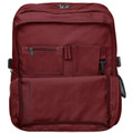 Crimson red 28L backpack with multiple front pockets, zip compartments, clip buckle, and side mesh pocket