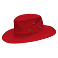 Red broad brim slouch hat with silver eyelet ventilation detail on structured crown