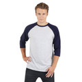 Grey marle body raglan tee with navy three-quarter sleeves and contrast neckline