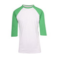 White raglan tee with grass green three-quarter sleeves and contrasting neckline trim