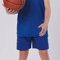 Royal blue kids basketball shorts with elastic waistband worn with matching mesh singlet