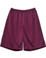 Burgundy kids basketball shorts with elasticated waistband laid flat on white background