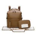 Taupe convertible nappy bag backpack with matching accessories and gold hardware shown flat on white background