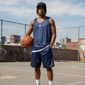 Navy and white reversible basketball singlet with matching navy shorts on outdoor court