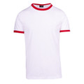 MAX unisex slim fit retro ringer T-shirt in 195gsm 100% cotton jersey knit, featuring a white body and red contrast neck and sleeve trim, ideal for bulk or custom printing.
