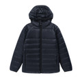 Black kids sustainable lightweight hooded puffer jacket - detail view