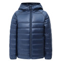 Navy kids sustainable lightweight hooded puffer jacket - detail view