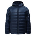 Navy adults sustainable lightweight hooded puffer jacket - detail view