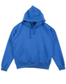 Royal blue kids hoodie with kangaroo pocket and drawstring hood laid flat on white background