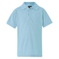 Light blue kids pique polo shirt with collar and button placket on white background