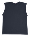 Navy sleeveless muscle shirt with wide armholes and crew neck shown flat on white background