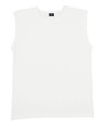 White sleeveless muscle shirt with crew neck and relaxed armholes on plain background