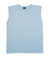 Pale blue men's sleeveless muscle tee with round neck, flat front panel and structured shoulders