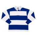 Royal+White ORIGIN Striped Rugby Jersey, a traditional cotton long-sleeve rugby shirt with a classic collar, durable construction, and contrasting horizontal stripes, perfect for team uniforms.