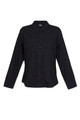 Black military-style shirt with button front closure, chest pockets and long sleeves