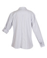 Back view of women's pale grey long sleeve military shirt with centre back pleat and button cuffs