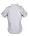 Silver grey women's short sleeve military shirt, back view, shoulder epaulettes and roll-tab sleeves