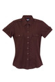Chocolate brown women's short sleeve military shirt with epaulettes, twin chest pockets, and button-through front