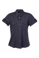 Charcoal women's military short sleeve shirt with epaulettes, chest pockets, and roll-tab sleeves
